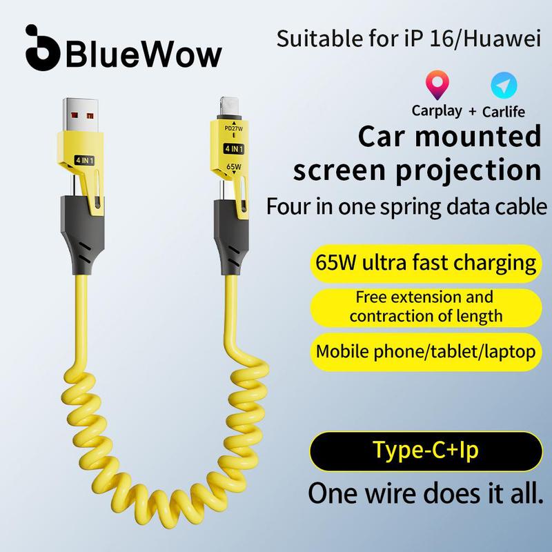 Cáp sạc lò xo Có Thể Thu Vào Bluewow, 2 trong 2, Cáp sạc siêu nhanh USB loại C, Bộ sạc nhanh, Cáp loại-C, Dữ liệu cho điện thoại, Thích hợp cho phụ kiện điện thoại, 067