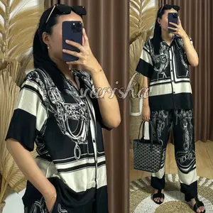 VINETTA PIYAMA ONE SET LENGAN PENDEK FULL KANCING DAN SAKU Setelan Wanita Atasan Celana Panjang Katun Rayon