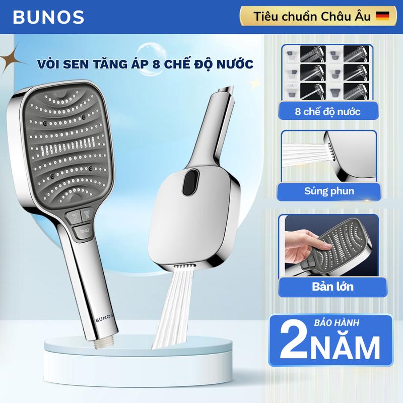 Vòi Sen Tăng Áp BUNOS Phun 8 Chế Độ Nước Kích Thước Lớn Bấm Để Chuyển Đổi - Bảo Hành Chính Hãng 2 Năm.