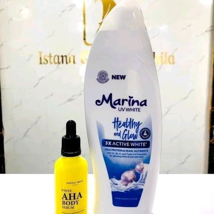 PAKET COMBO CEPAT PUTIH Marina Hb Biru 185ml & Perfect White AHA Serum Memutihkan Mencerahkan Tubuh 3