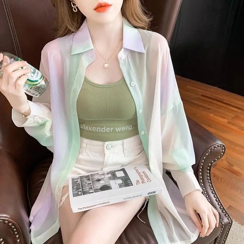 Women's 2024 new thin long-sleeved rainbow fashion shirt with sunscreen 3