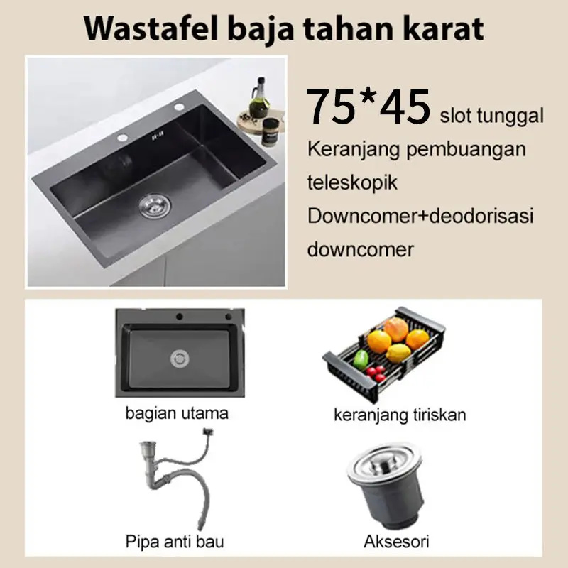 Wastafel Cuci Piring Kitchen Sink Bak Dapur Paket Super Komplit Full Hitam Satu Lubang Stainless Sus 304 Dijamin Anti Karat Kran Set Baja Black 3