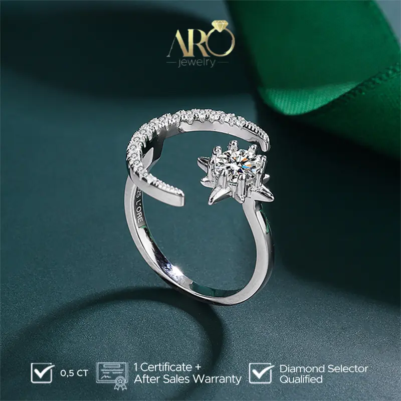 Crescent Star Silver Ring 0.56 CT - Aro Jewelry - Aksesoris Cincin Aesthetic Mewah Wanita Sertifikat GRA 2