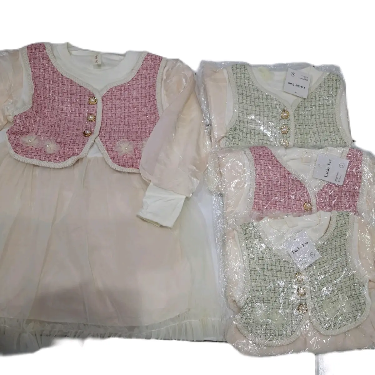Setelan Gaun Rok Anak Perempuan Import - Ukuran S-XL, Warna Putih, Outer Merah Muda & Hijau Muda- Fashion