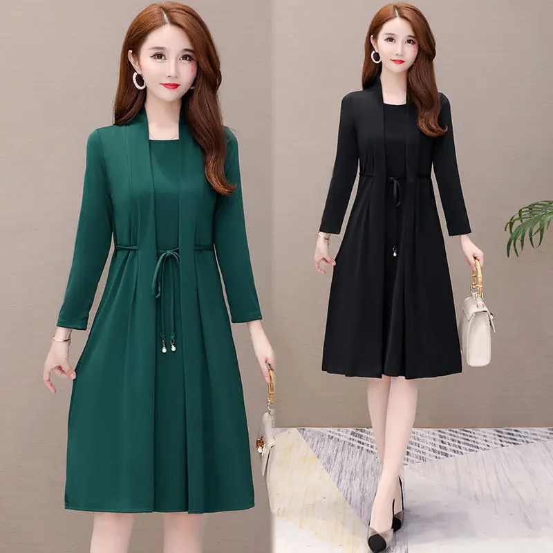 Váy Dài Tay Giả Hai Mảnh Cho Nữ, Trang Phục Cho Mẹ Trung Niên, Dài Trung Bình, Ngoại Cỡ, Mùa Xuân Và Mùa Thu, Mới 2