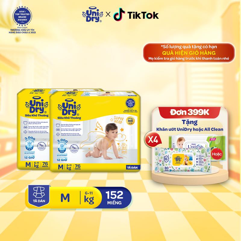 Combo 2 Tã dán UniDry Siêu khô thoáng gói Super Jumbo mới size M76 L68 XL62 Cho Bé