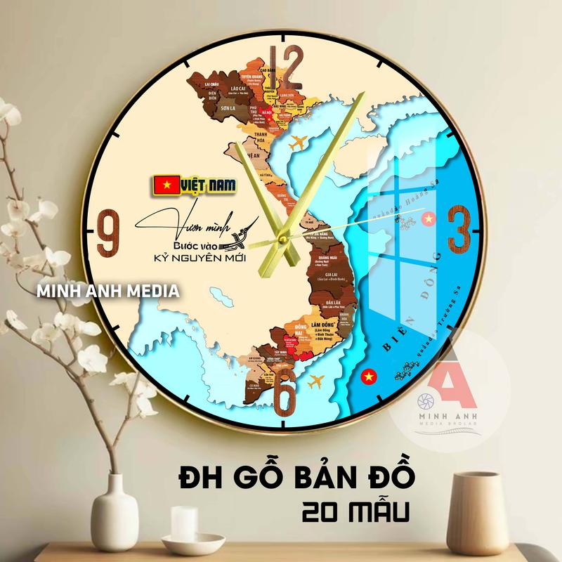 ĐH GỖ KIM NỔI -Bản đồ 34 Tỉnh-Bề mặt tráng gương - Bọc viền vàng cao cấp - BH máy 12 tháng - Hình Bản đồ Việt Nam sao vàng 3 Bác - Động cơ nhật kim trôi Decor Phòng hình bác Trang Trí Nhà quà tặng doanh nghiệp Treo Tường
