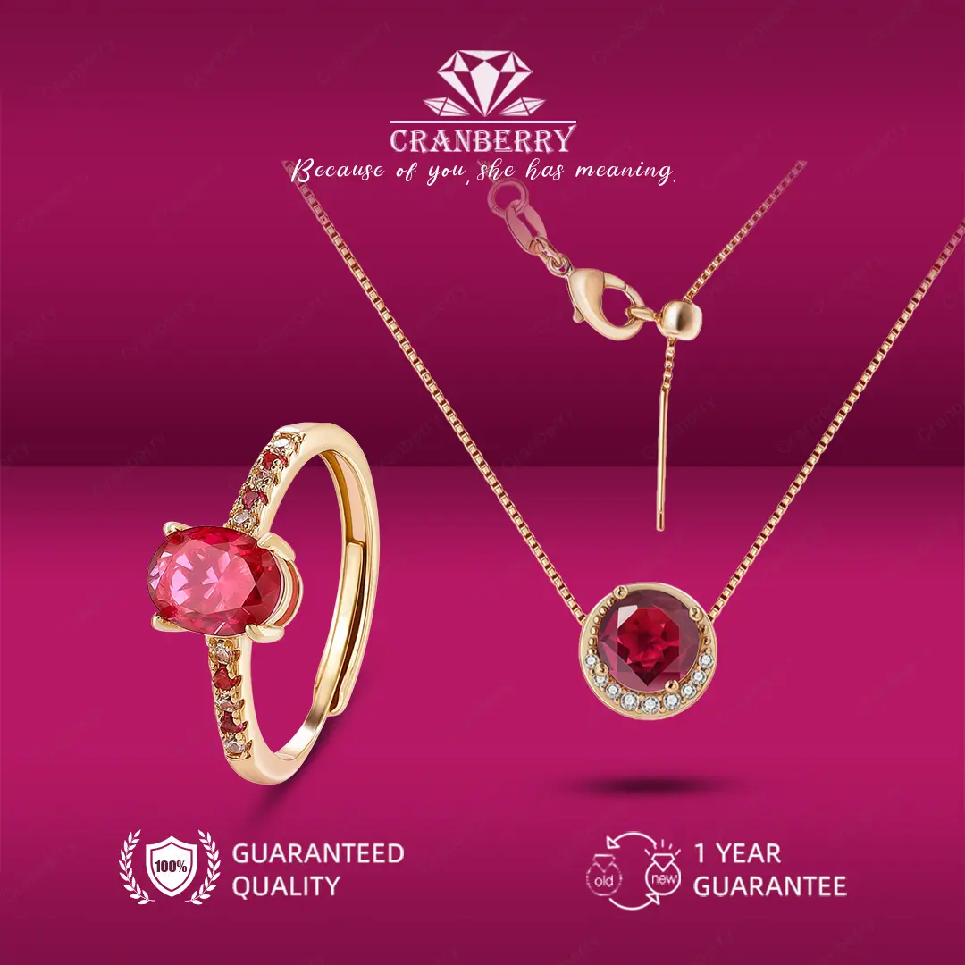 OS1-S501 Set Kalung dan Cincin Wanita Cranberry Jewelry Red Ruby Premium Lapis Emas 18k Anti Luntur Anti Berubah Warna Garansi 1 Tahun Resmi Size Adjustable Kualitas Grade Terbaru Aksesoris Perhiasan Cincin Nikah Permata VVS1 Elegan COD