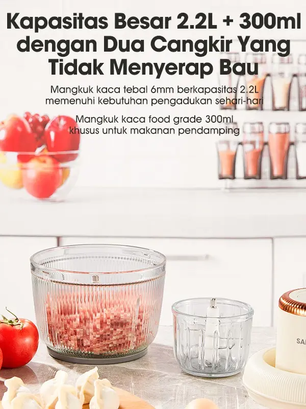 (BISA COD) Samono Food Chopper 2 in 1 kapasitas 2,2L dan 300ml Multifungsi 300 Watt Pengggiling Daging Penghalus Makanan (SW-CD300) Stainless Wadah Mesin Pengaduk Pisau 2