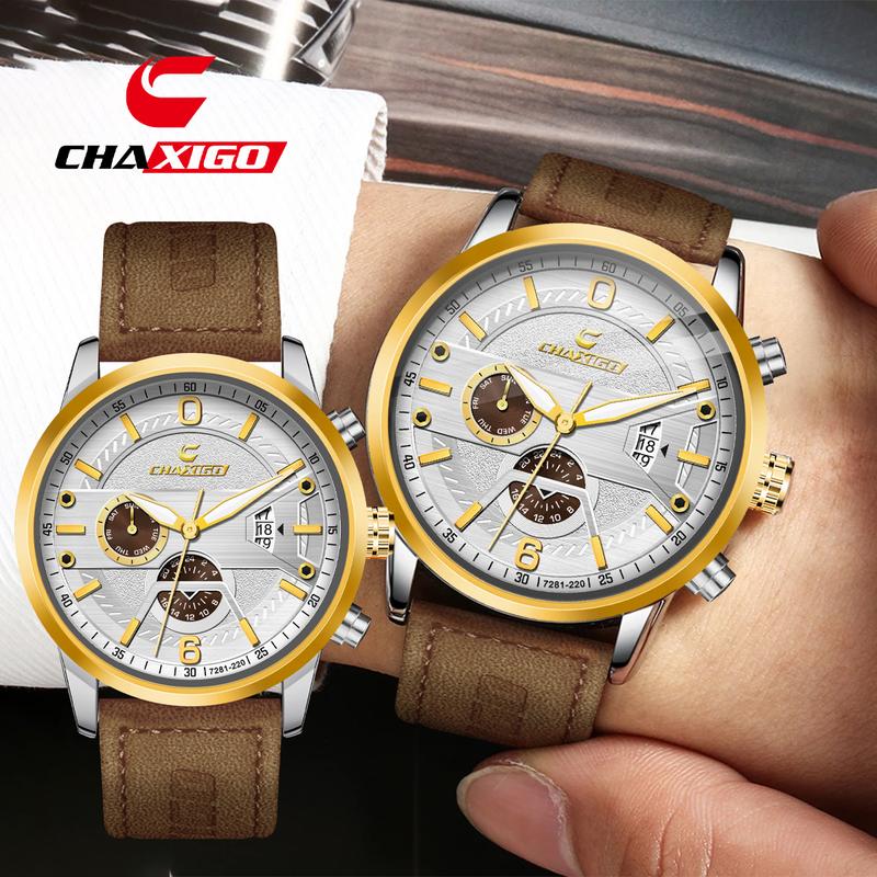 Đồng Hồ Nam, CHAXIGO, Dây Da Nâu Thật, Thời Trang, Mặt Số Lớn, Chống Nước, Bộ Máy Thạch Anh Hợp Kim, Thích Hợp Cho Học Sinh, Có Lịch Ngày, Đồng Hồ Đeo Tay, 7281-220