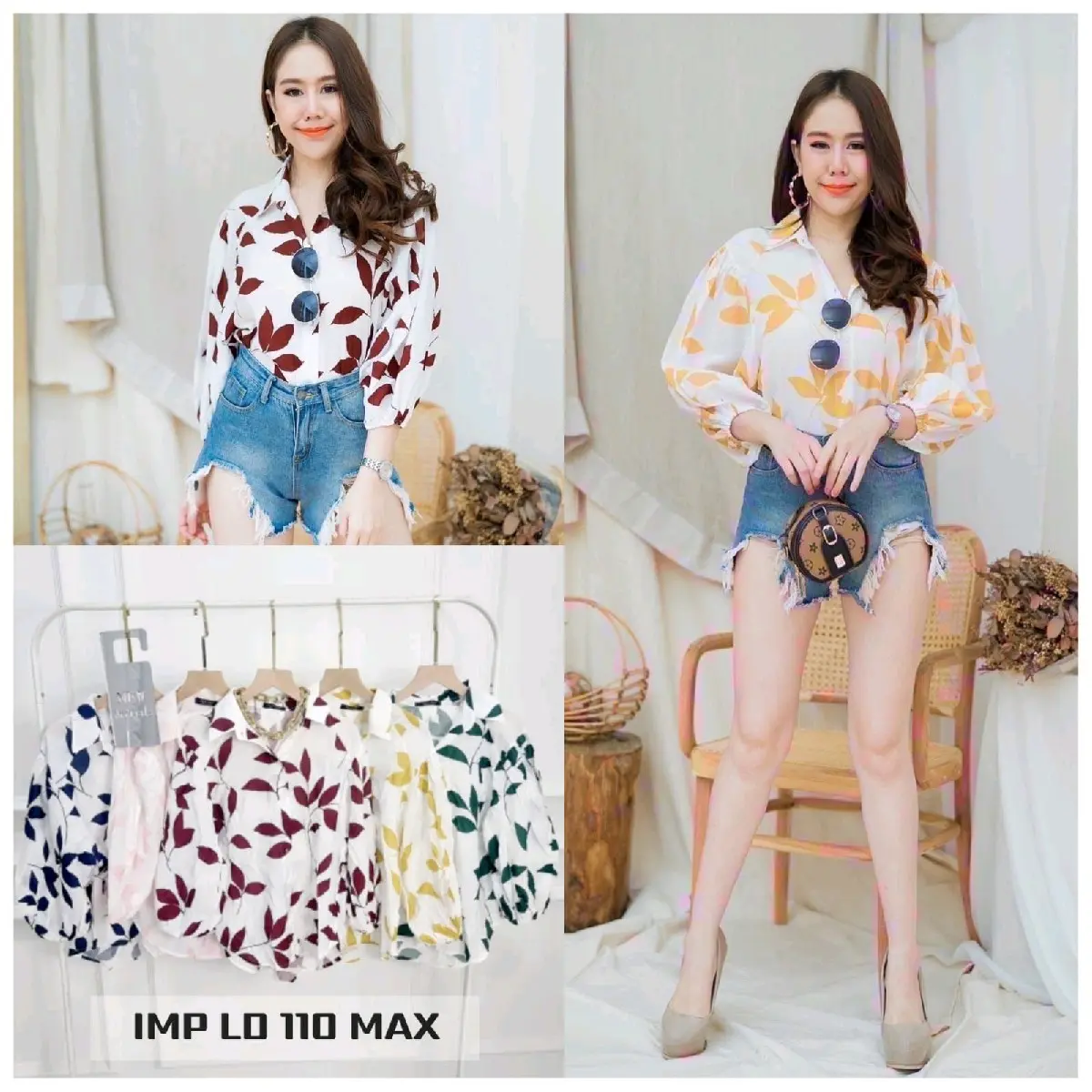 Leaf Pattern Sleeve Blouse - Blouse Crop Lengan Balon