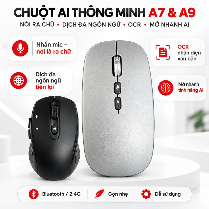 Chuột AI Không Dây A7/A9 Bluetooth 5.0 + 2.4G Cho Laptop Máy Tính, Hỗ Trợ Chuyển Giọng Nói Thành Văn Bản, Dịch Ngôn Ngữ, Pin Sạc Type-C