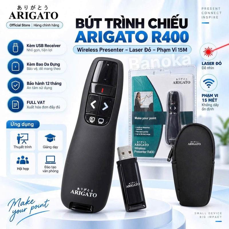 Bút trình chiếu Lazer R400 arigato, kết nối không dây 2.4GHz, túi da đựng bảo vệ bút