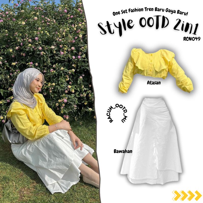 Setelan OOTD Kekinian 3in1 Style Korea Wanita Baju Blouse Ruffle & Rok Susun Mekar dengan Hijab Muslim Atasan 1