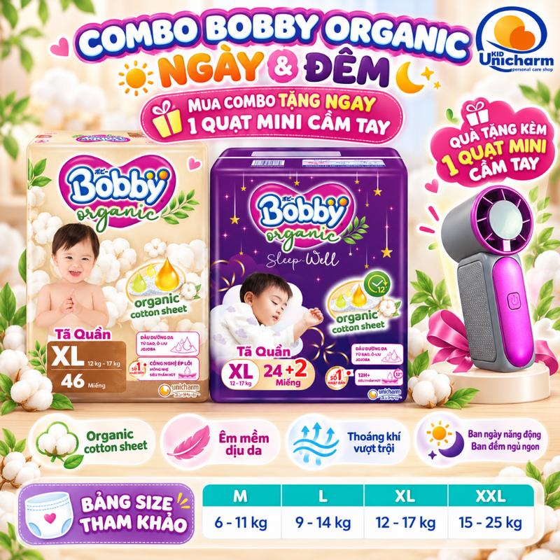 Combo 2 gói tã quần cho bé Bobby Organic ngày & đêm cao cấp