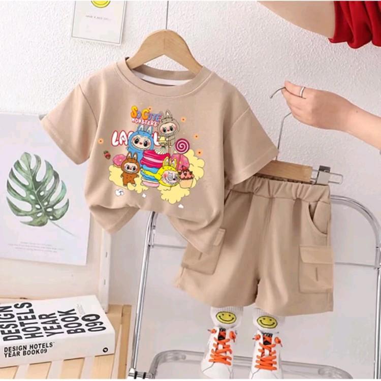 Setelan Baju Anak Laki-laki dan Perempuan Motif Labubu Usia 1-5 Tahun - Bahan Kaos Katun Adem dan Nyaman - Celana 5