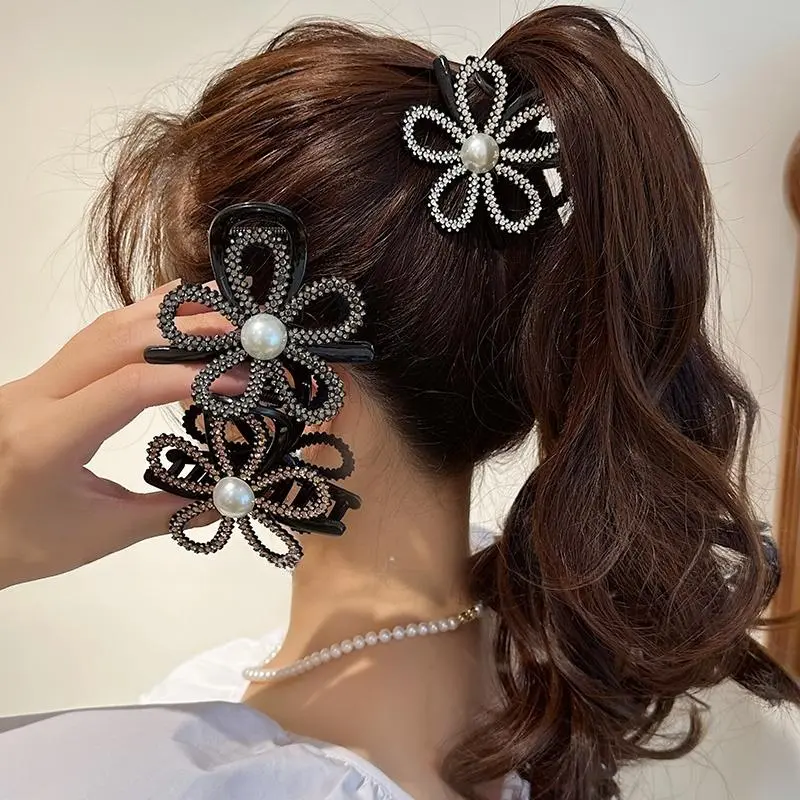 Exquisite Diamond Hollow Flower Claw Clip Hairpin for Women Girls, High Ponytail Hairpin Accessories Korean