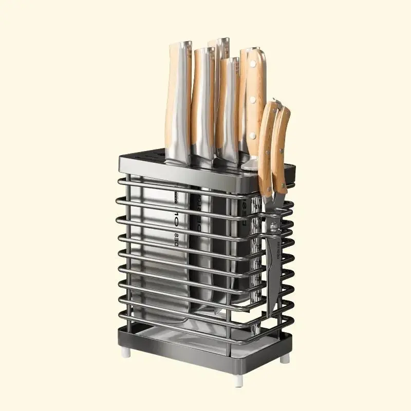 304 Stainless Steel Knife Rack with Draining Tray Household Kitchen Multi-Grid Knife Chopsticks Dual-use Holder Kitchen Wall hanging Countertop Supplies