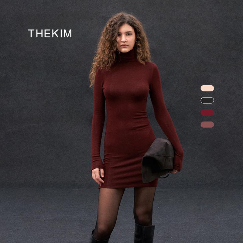  THEKIM Váy body dài tay cổ cao tăm lông  váy liền thân ngắn trên gối  tăm lông D311 