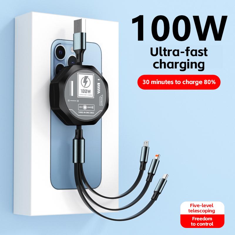 Reabol 3 in 1 Retractable USB 100W Fast Charging Cable Micro USB 5A Type-C for iPhone Samsung Xiaomi