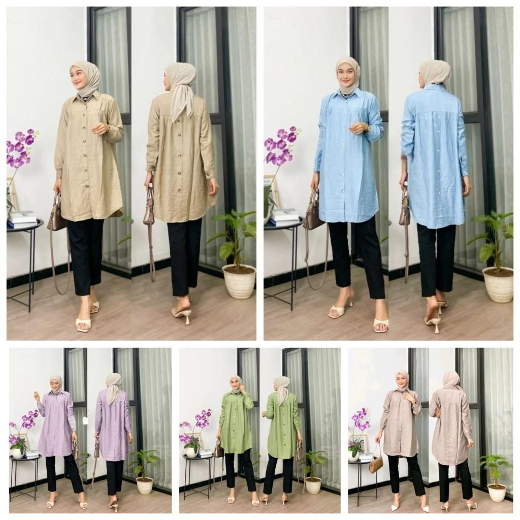 Zeva Tunik Polo Linen - Atasan Wanita Tunik Polo Linen Variasi Kancing Belakang Baju Muslim Panjang