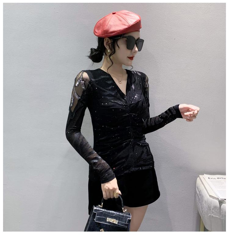 Product Introduction of FCBF-Áo lưới kim cương rỗng thời trang mới gợi cảm cổ chữ V dài tay quần lót thời trang nữ thu đông Top Voi Shirt Kem Women 18
