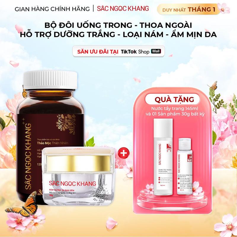  Combo Hỗ Trợ Mờ Nám Sạm Tàn Nhang Lâu Năm: Viên Uống SNK ++  120v  & Kem Dưỡng Da  30G  Sắc Ngọc Khang 