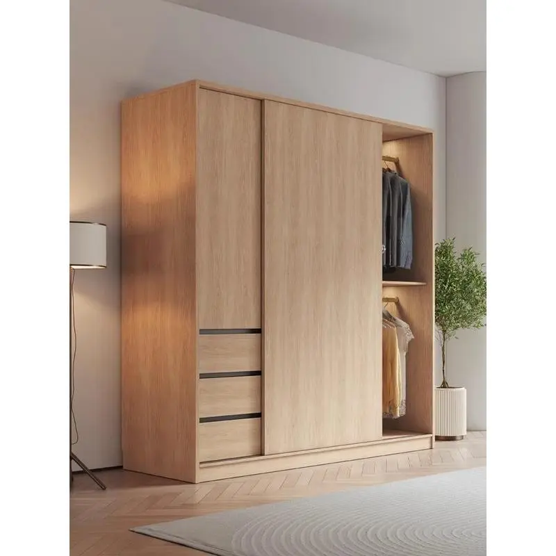 [Pre-order]Simple modern log wind sliding door wardrobe Home bedroom small unit cabinet rental room with sliding door wardrobe