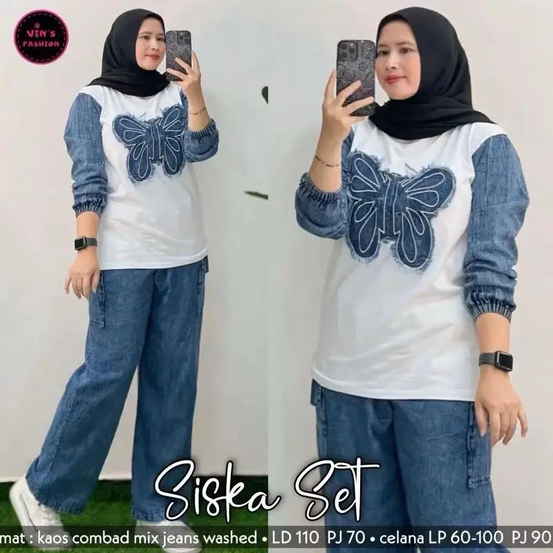 Baju Setelan Jeans Wanita Jumbo LD 120 Dewasa Atasan Kaos Combed 24s, Bawahan Celana Jeans Kulot Cargo Panjang Motif Sablon Adem dan Nyaman 2
