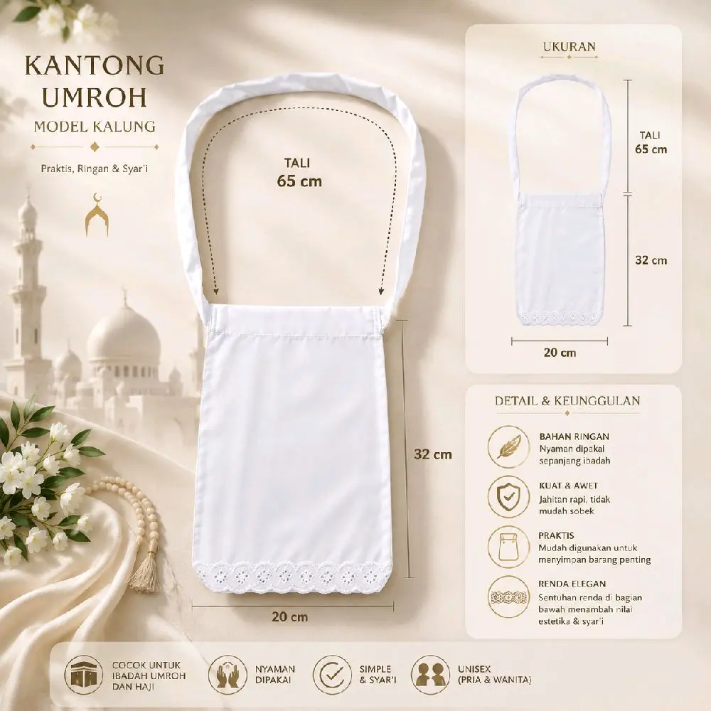 Kantong Umroh di Kalung Praktis Ringan & Syar'i Tali 65 cm Bahan Ringan Nyaman dipakai untuk Ibadah Umroh dan Haji
