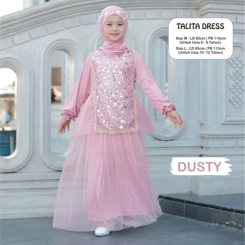 Talita Dress Baju Muslim Gamis Lebaran Anak 2025 untuk usia 8-12 tahun Syakila Mix Tile Dot Sequin Nyaman 3