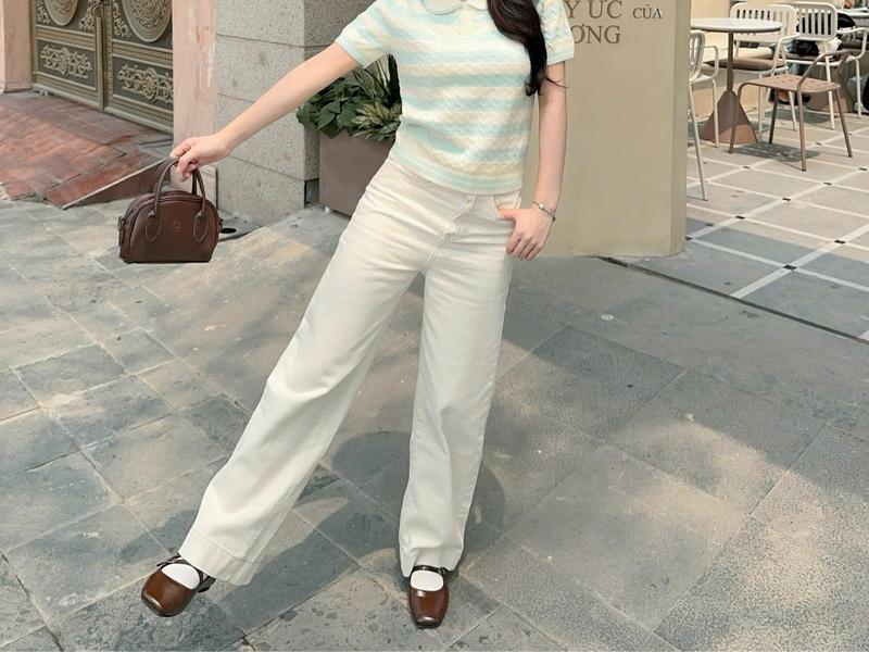 DELIZ - Quần Jean nữ ống rộng cạp cao form suông chất kaki mềm dày dặn J411 DELIZ