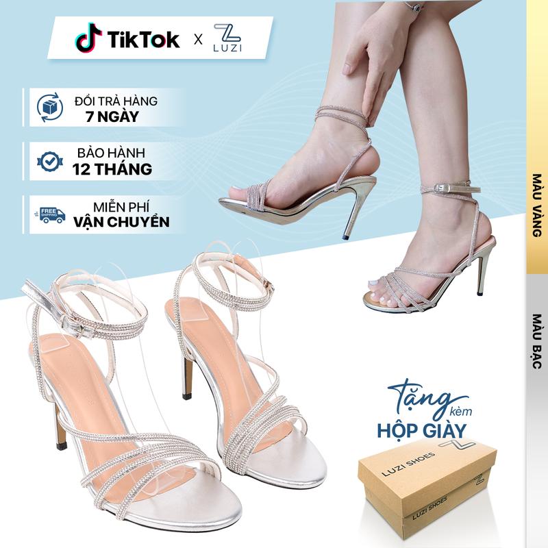  Sandal cao gót nữ Luzi mũi tròn quai ngang ép đá lấp lánh 9P guốc cao gót nữ chiến binh gót nhọn M183 