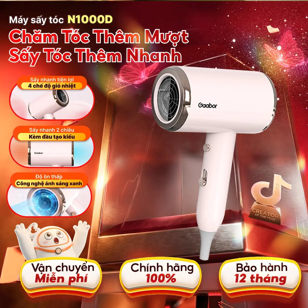 Máy sấy tóc 2 chiều nóng lạnh Gaabor N1000D ánh sáng xanh công suất 1000W độ ồn thấp Nữ Chăm Sóc Tóc Women Dưỡng Tóc máy sấy thẳng tóc máy sấy tóc loại tốt máy sấy tóc xịn chuẩn salon máy sấy cho tóc ion âm