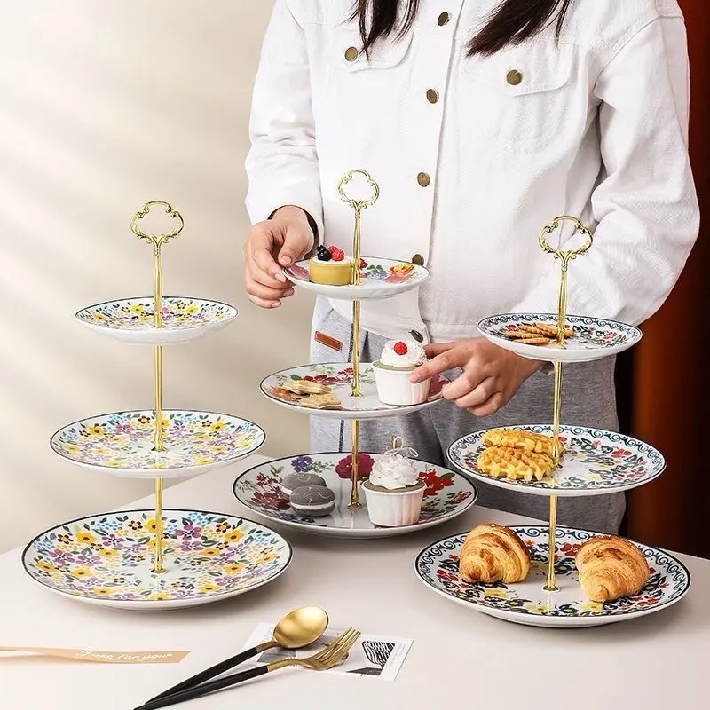 READY STOCK Cupcake Stand 3 Tier Ceramic Tray with Gold Trim, Stand Tower Tree Display Pastry Serving Tray Dish Rack Dish Rack Kitchen