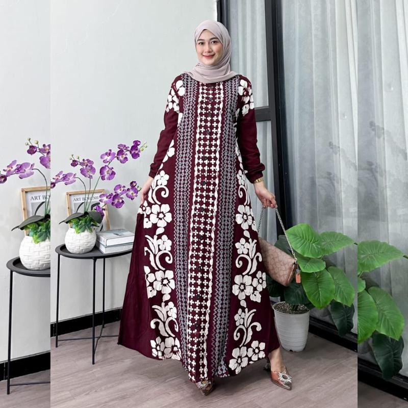 Naya Batik - Gamis Twill Ori Berkualitas Motif Batik Cap Malaman Bukan Sablon Busui Friendly Lengan Panjang Karet Model Tali Samping Full Kancing Dress Wanita Muslim Remaja Tanpa Rempel Nyaman Kain Rayon 5