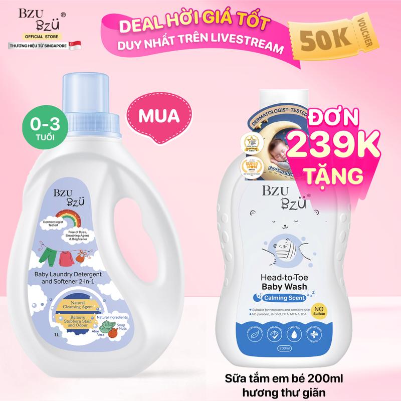 Nước Giặt Xả Vải Em Bé BZU BZU Baby Laundry Detergent and Softener 2 in 1 Dịu Nhẹ Cho Da Bé 800ml, 1L Cho Bé