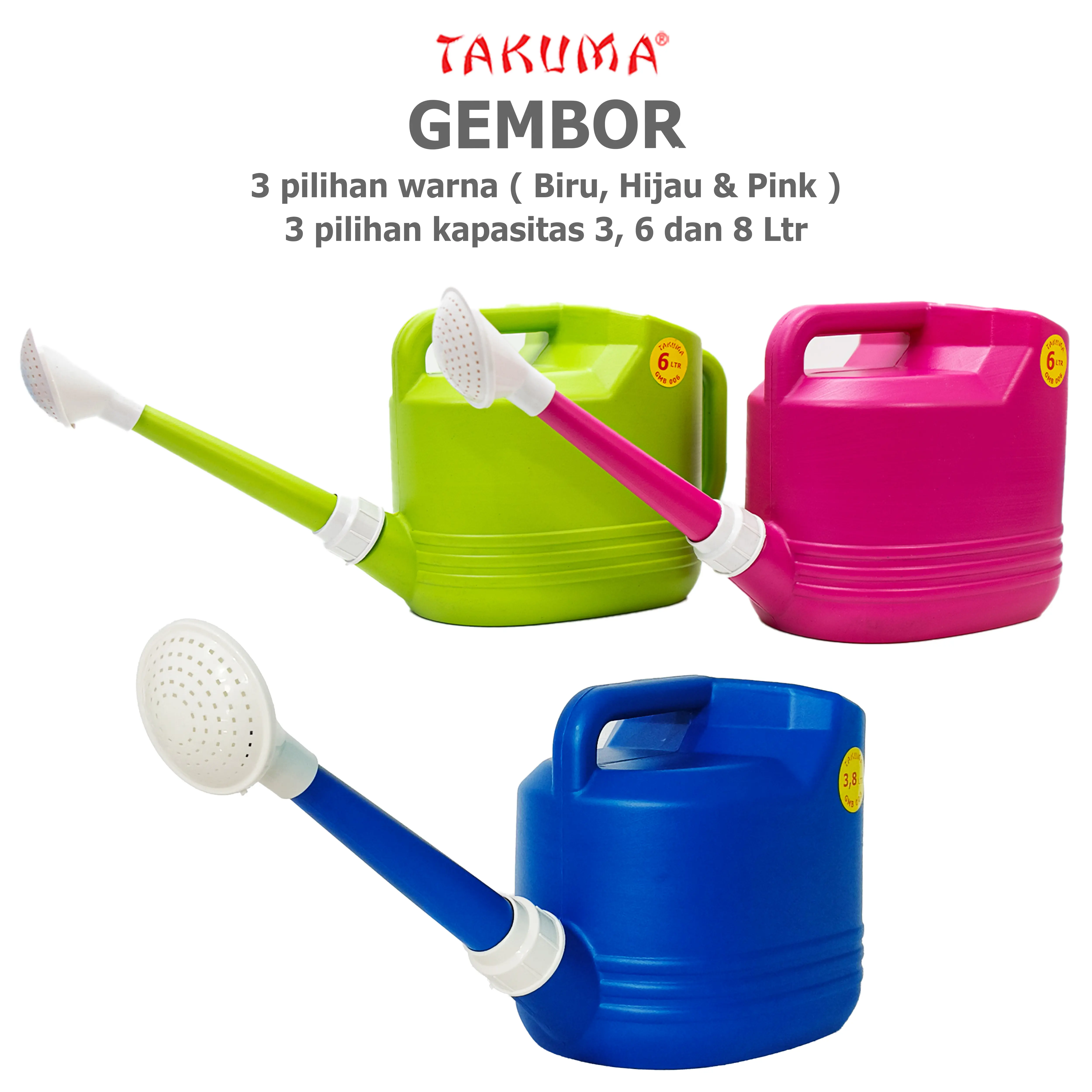 Siraman Tanaman Gembor ukuran 3.8 Ltr / 6 Ltr / 8 Ltr Air Hijau & Pink Praktis Tahan Lama Bahan Plastik Kuat Takuma
