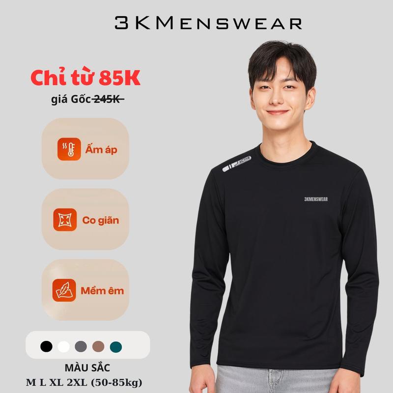 3KMENSWEAR Áo Thun Dài Tay Giữ Nhiệt 4 Chiều Co Giãn Logo In Nhiệt Thời Trang Cho Nam Từ 50-85kg Form Ôm Vừa Vặn Thấm Hút Mồ Hôi Tốt