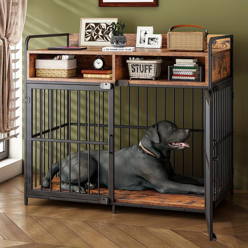 TikTok Shop Upgraded large iron and wood dog cage double door dog cage with storage partitions