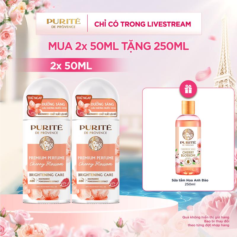 [COMBO MUA 2 TẶNG 1]  Combo 2 Lăn Khử Mùi Dưỡng Sáng Hương Nước Hoa Cao Cấp Purité Hương Hoa Anh Đào 50MLx2 + Tặng Sữa Tắm Purite Anh Đào 250ML