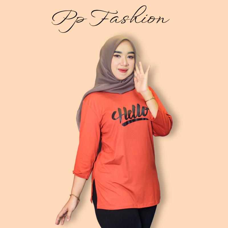 Kaos Oversize Slit Kaos High Slit Katun Spandek Rayon With Sablon Hello  Kerah Bulat Nyaman Panjang Oblong Tangan 7/8 7