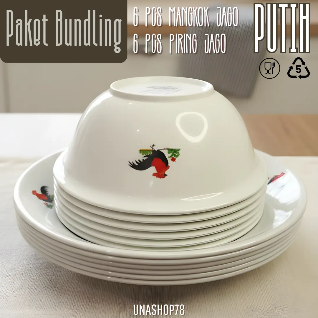 PAKET BUNDLING 1 LUSIN ( 6 PCS PIRING PLASTIK JAGO PUTIH + 6 PCS MANGKOK JAGO PUTIH ) - BPA Free
