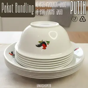 PAKET BUNDLING 1 LUSIN ( 6 PCS PIRING PLASTIK JAGO PUTIH + 6 PCS MANGKOK JAGO PUTIH ) - BPA Free