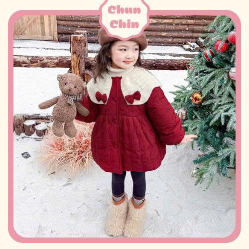 AK051 - 8-18kg Áo Khoác Phao Đỏ Cổ Len Màu Kem Đính Nơ Cho Bé