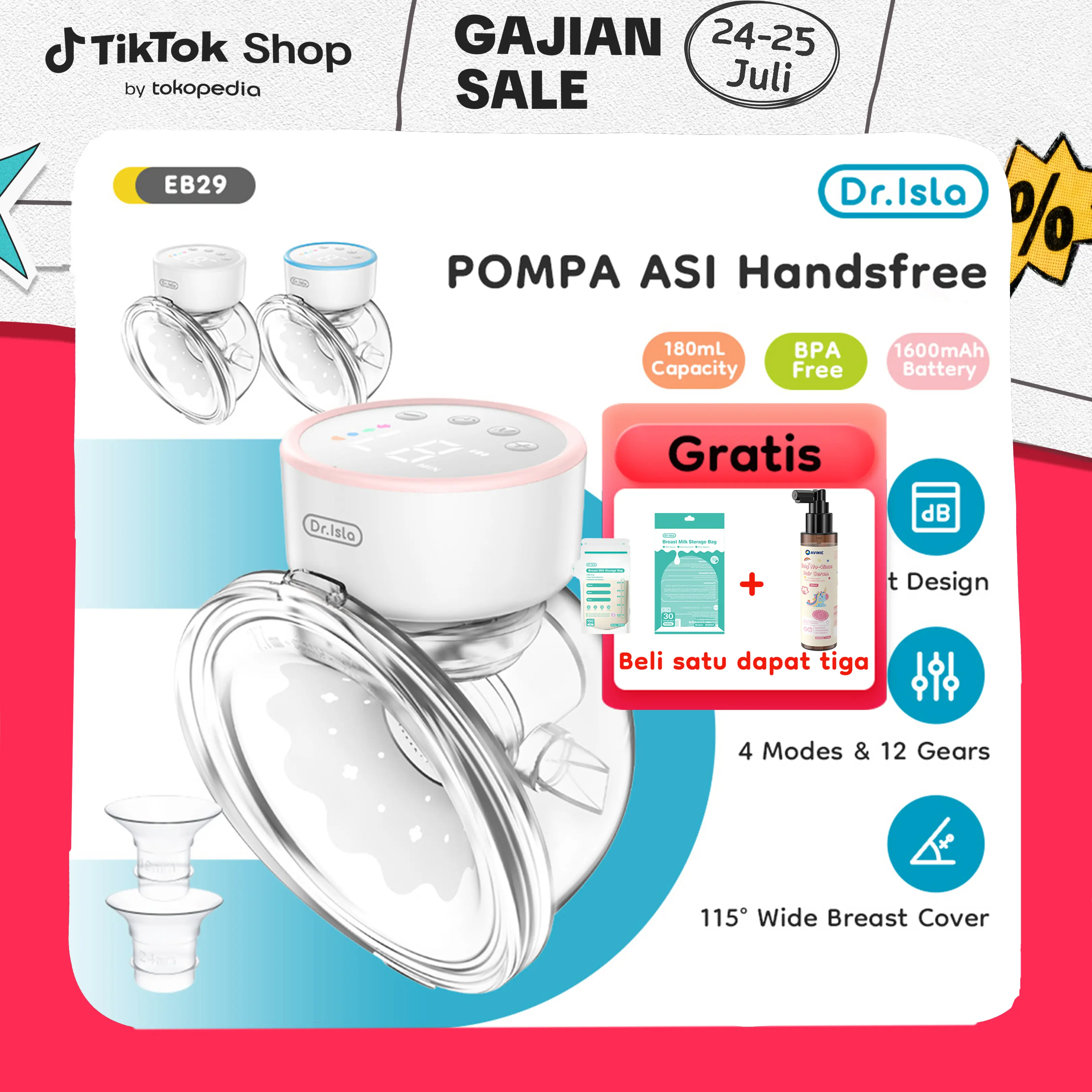 【Gratis】Dr.isla Wearable Pompa Asi Bebas BPA 4 Mode + 12 Level Corong Sesuai Payudara Anti Bocor & Mudah Dibawa EB29
