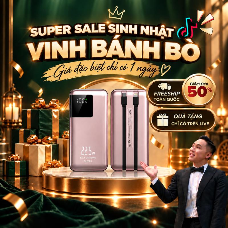 9k [GUTEK x VINHBANHBO] Pin Sạc dự phòng 20000mah sạc nhanh 22,5w tích hợp 2 dây sạc điện thoại - GT091