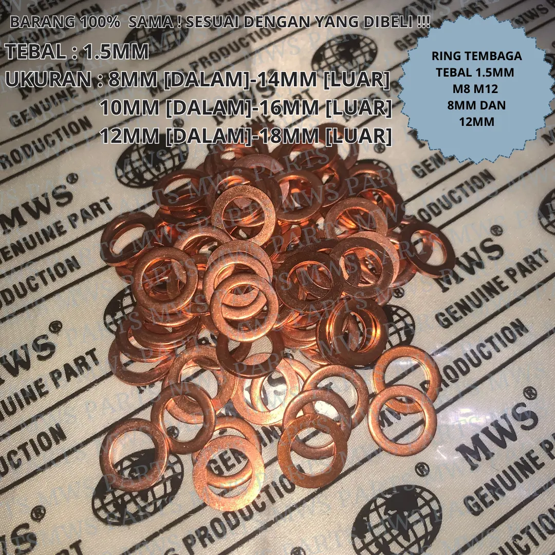 RING TEMBAGA ORING TEBAL 1,5MM RING COPPER FLAT PLATE SEAL SIL PLAT RING SERBAGUNA TEMBAGA RING UNTUK BAUT TEBAL 1,5MM M8 M10 M12 8MM 10MM 12MM 8MMx1.5MM 10MMx1.5MM 12MMx1.5MM | MWS | 8MM 10MM 12MM