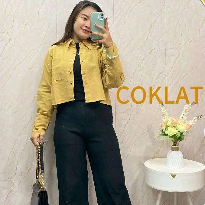SM89|KD114 ATASAN KEMEJA CROP DEPAN KANCING 5 TANGAN PANJANG KANCING 3 KIRI KANAN, Polos Katun Wanita