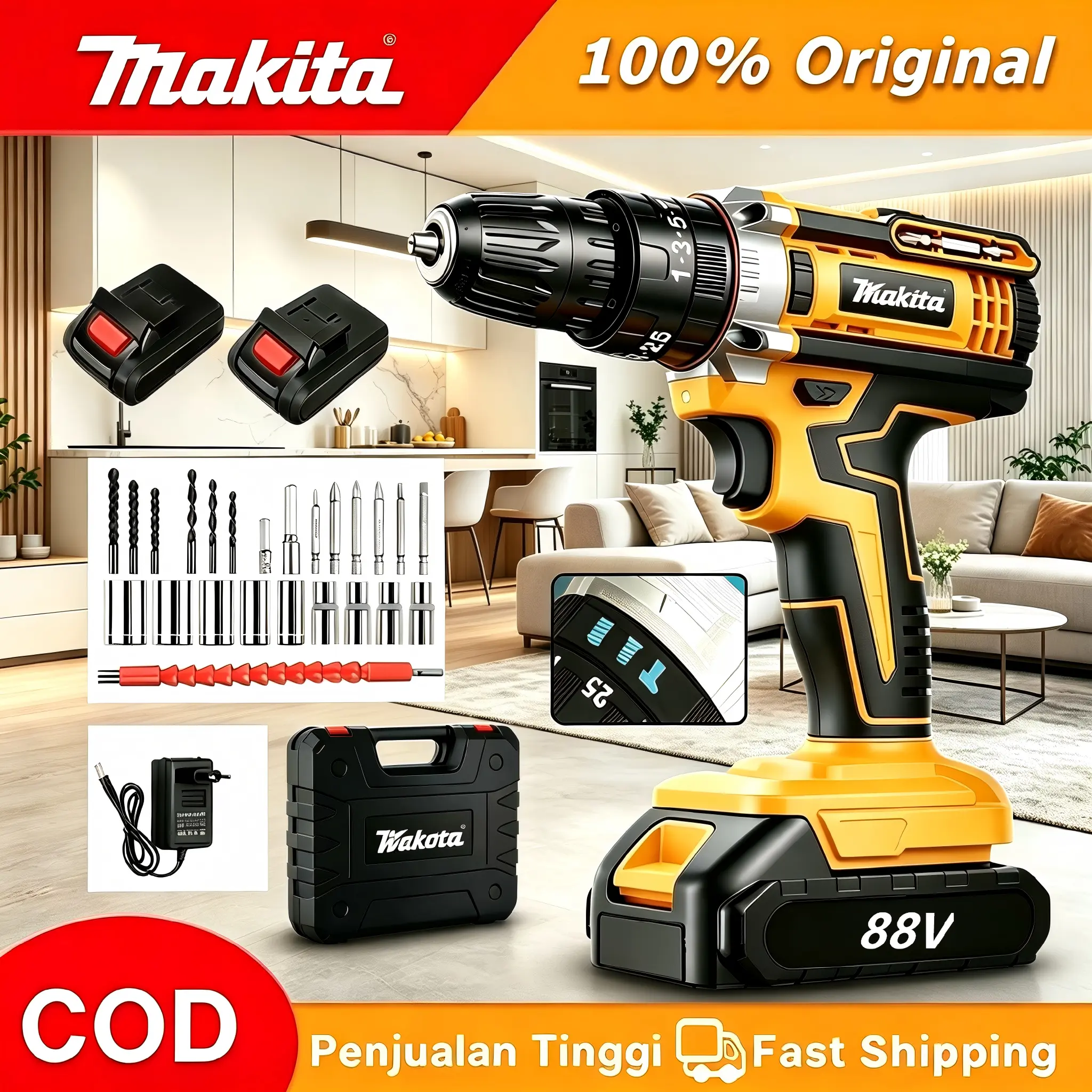 Makita YELLOW-88V Bor Listrik 88V dengan Aksesori Lengkap Kualitas Original 100% COD Penjualan Tinggi Fast Shipping Makita Original 88V